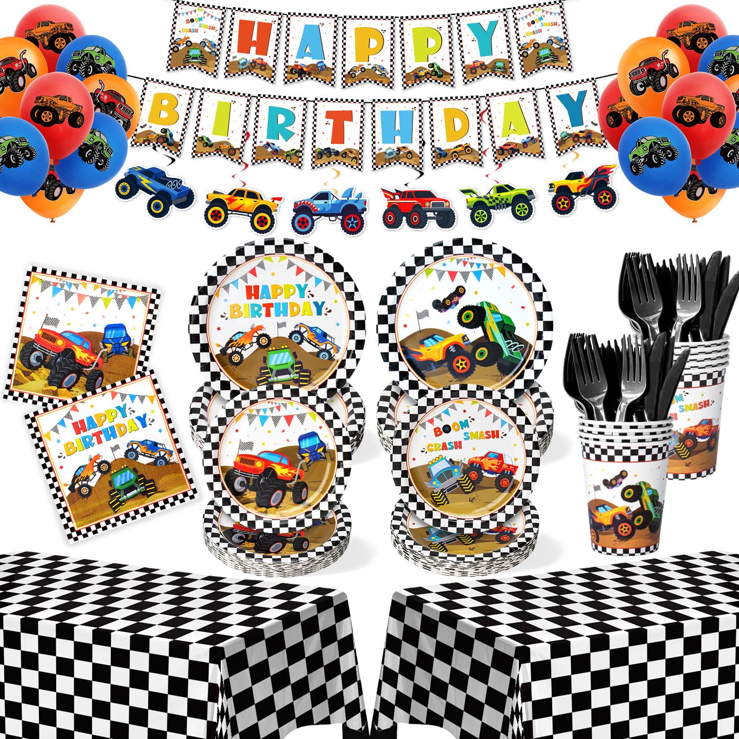 Kinovo 183Pcs Monster Truck Party Supplies – Plates, Napkins, Cups for 26 Guests