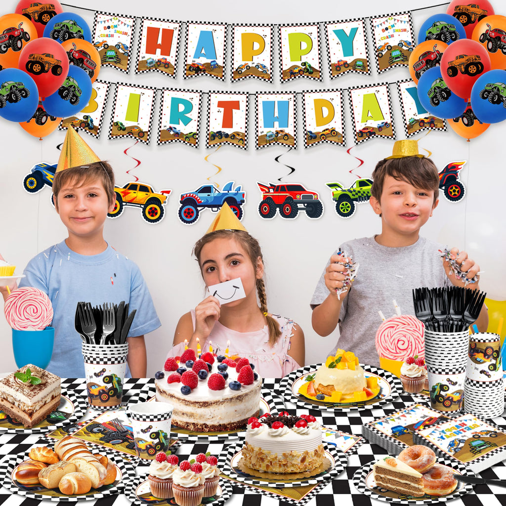 Kinovo 183Pcs Monster Truck Party Supplies – Plates, Napkins, Cups for 26 Guests