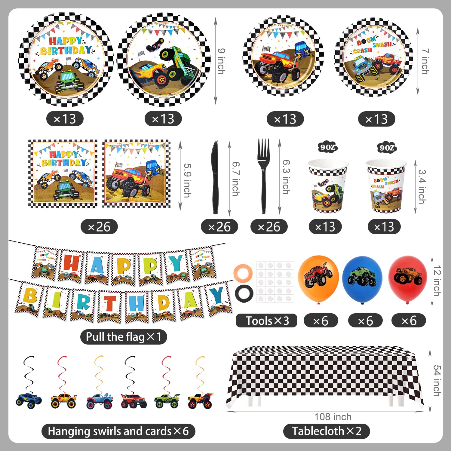 Kinovo 183Pcs Monster Truck Party Supplies – Plates, Napkins, Cups for 26 Guests