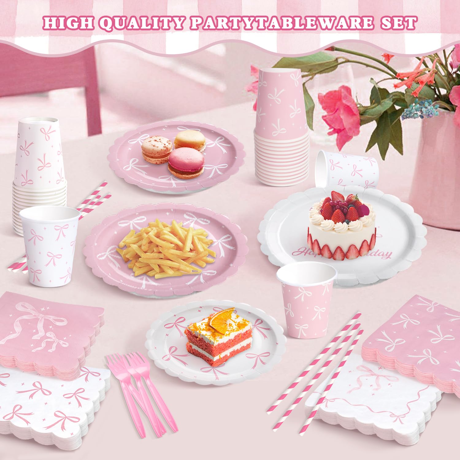 Kinovo Pink Bow Party Tableware Set — 300 Pcs for 50 Guests