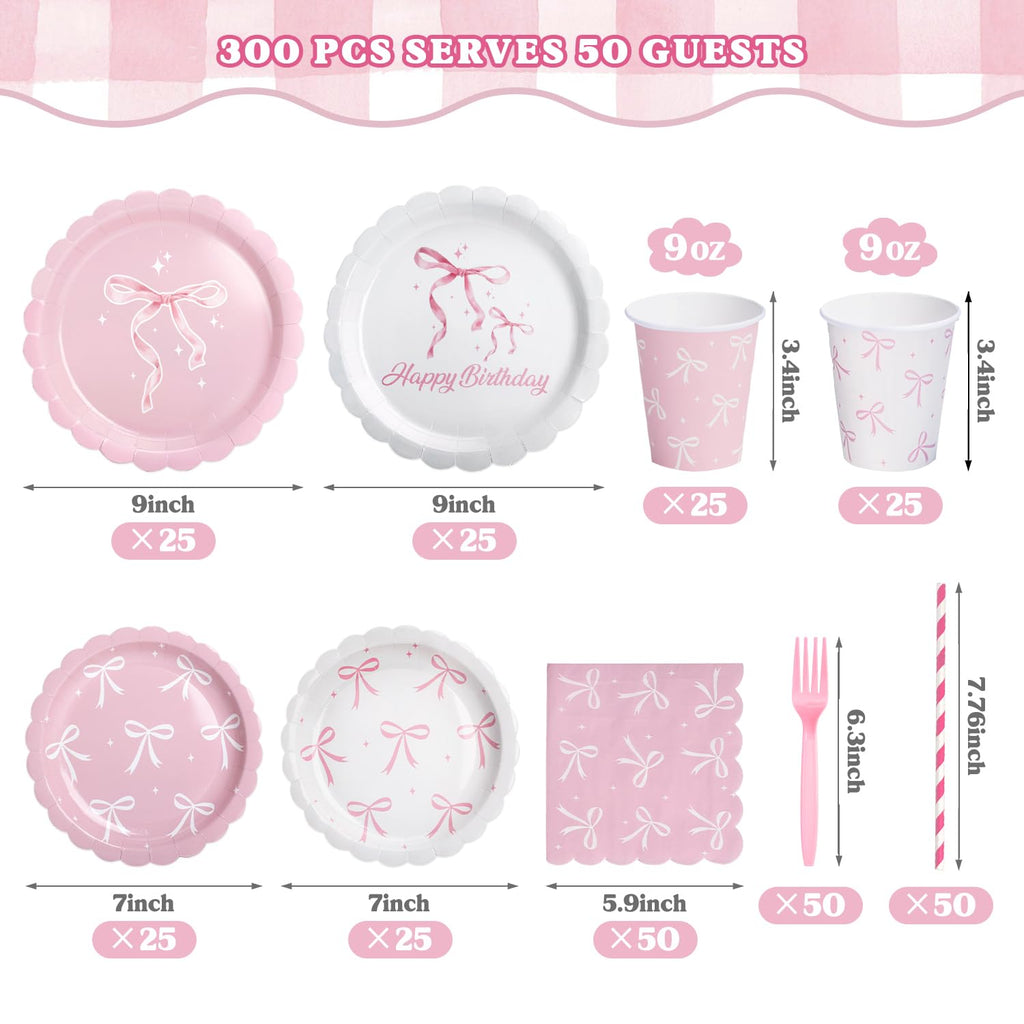 Kinovo Pink Bow Party Tableware Set — 300 Pcs for 50 Guests