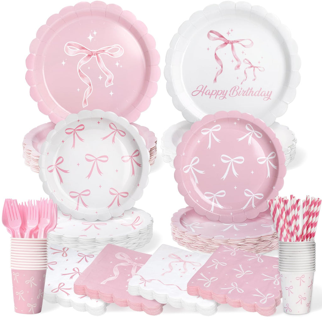 Kinovo Pink Bow Party Tableware Set — 300 Pcs for 50 Guests