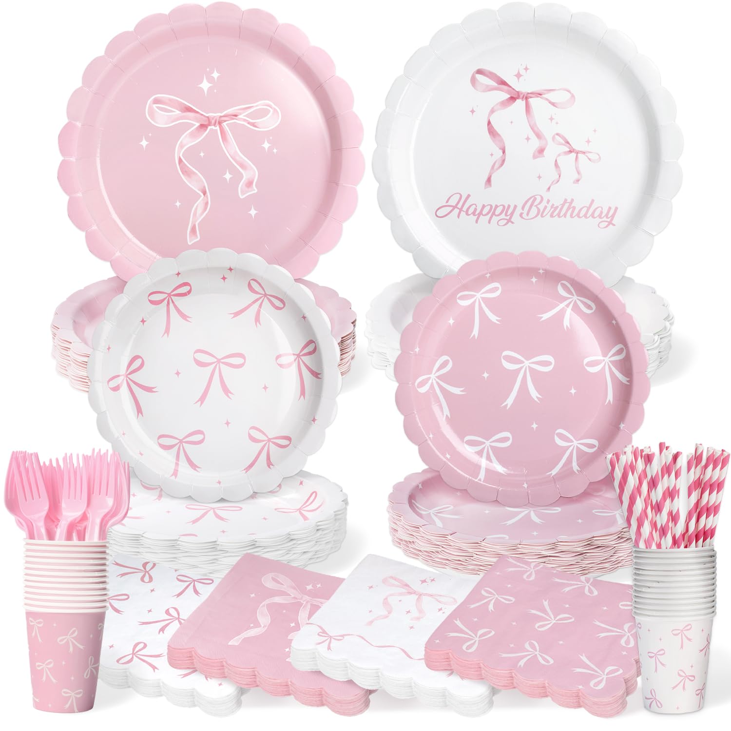 Kinovo Pink Bow Party Tableware Set — 300 Pcs for 50 Guests