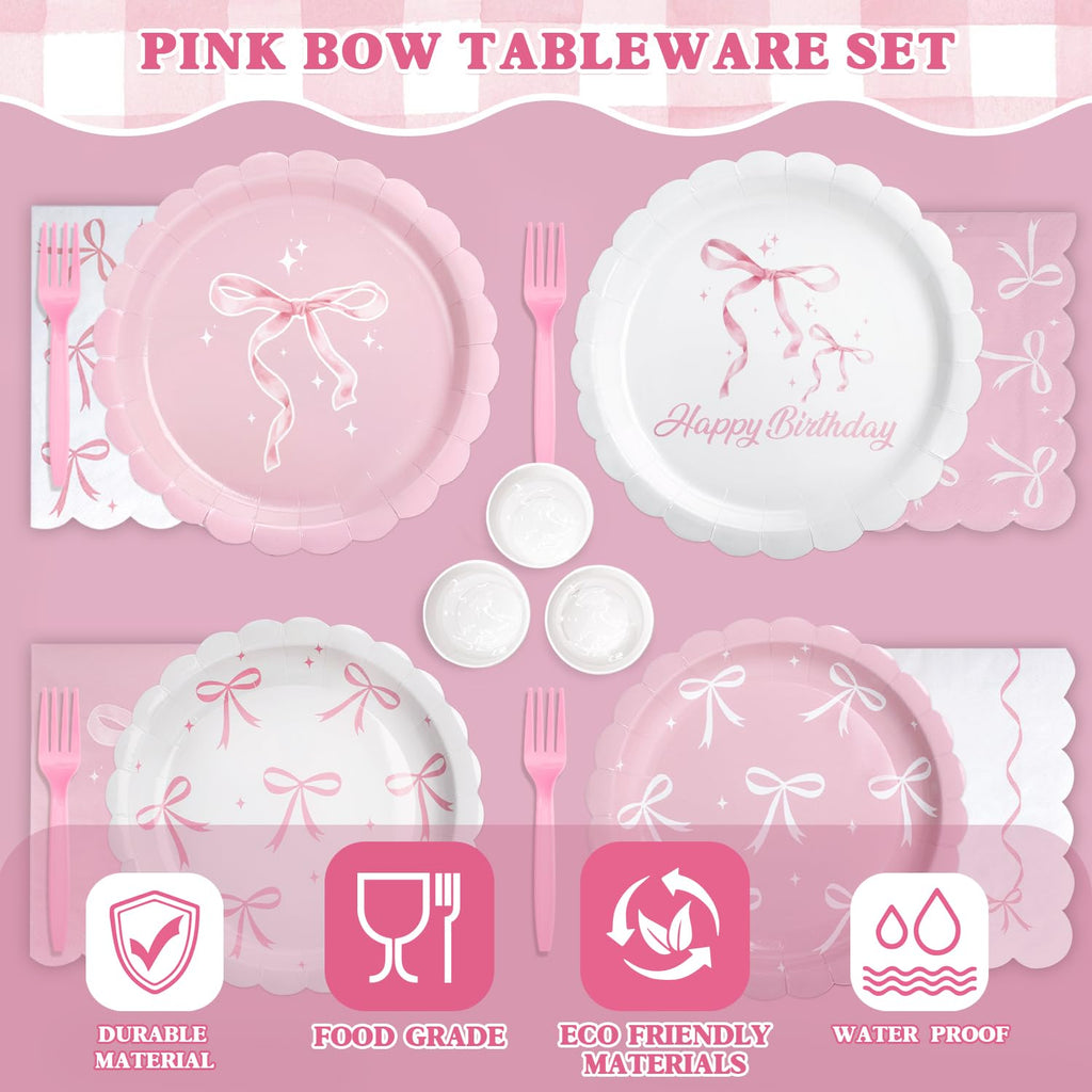 Kinovo Pink Bow Party Tableware Set — 300 Pcs for 50 Guests