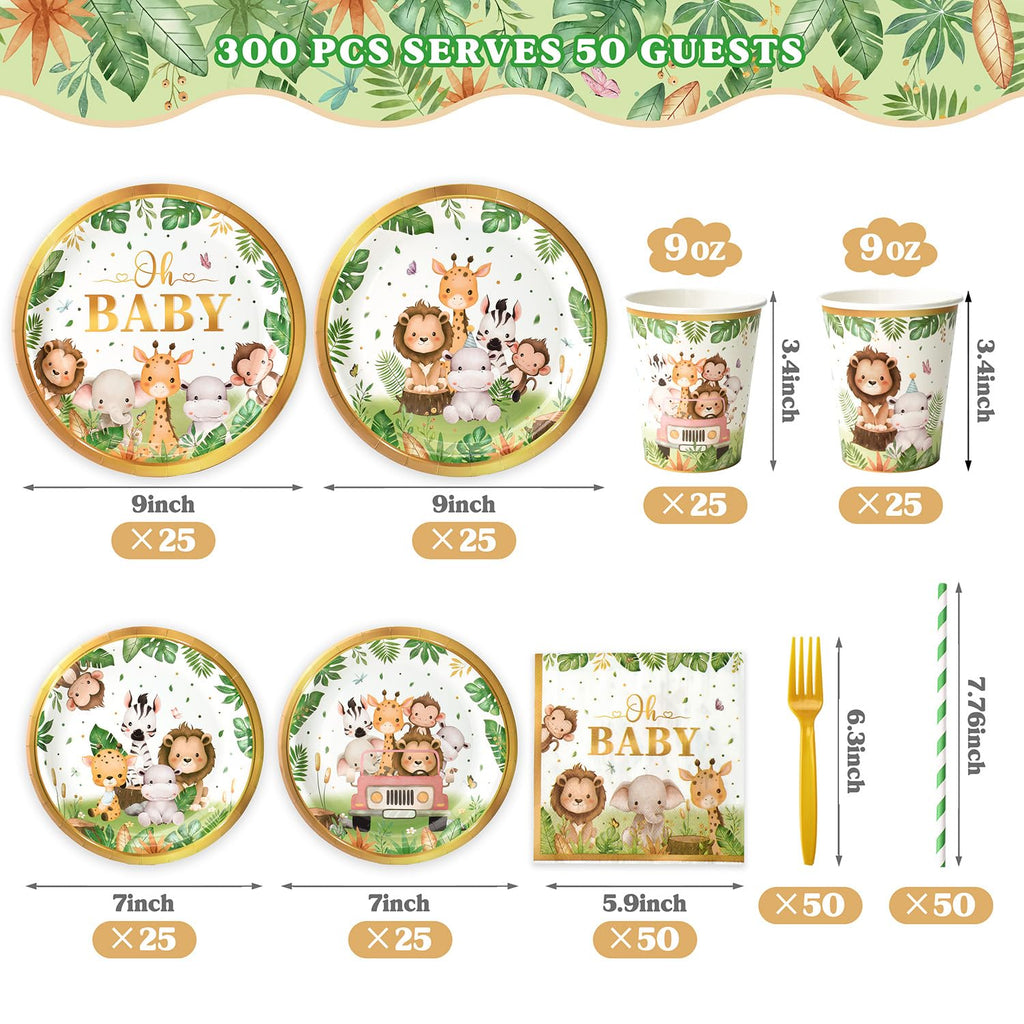 Kinovo 300 Pcs Safari Baby Shower Plates & Napkins Set (Serves 50)