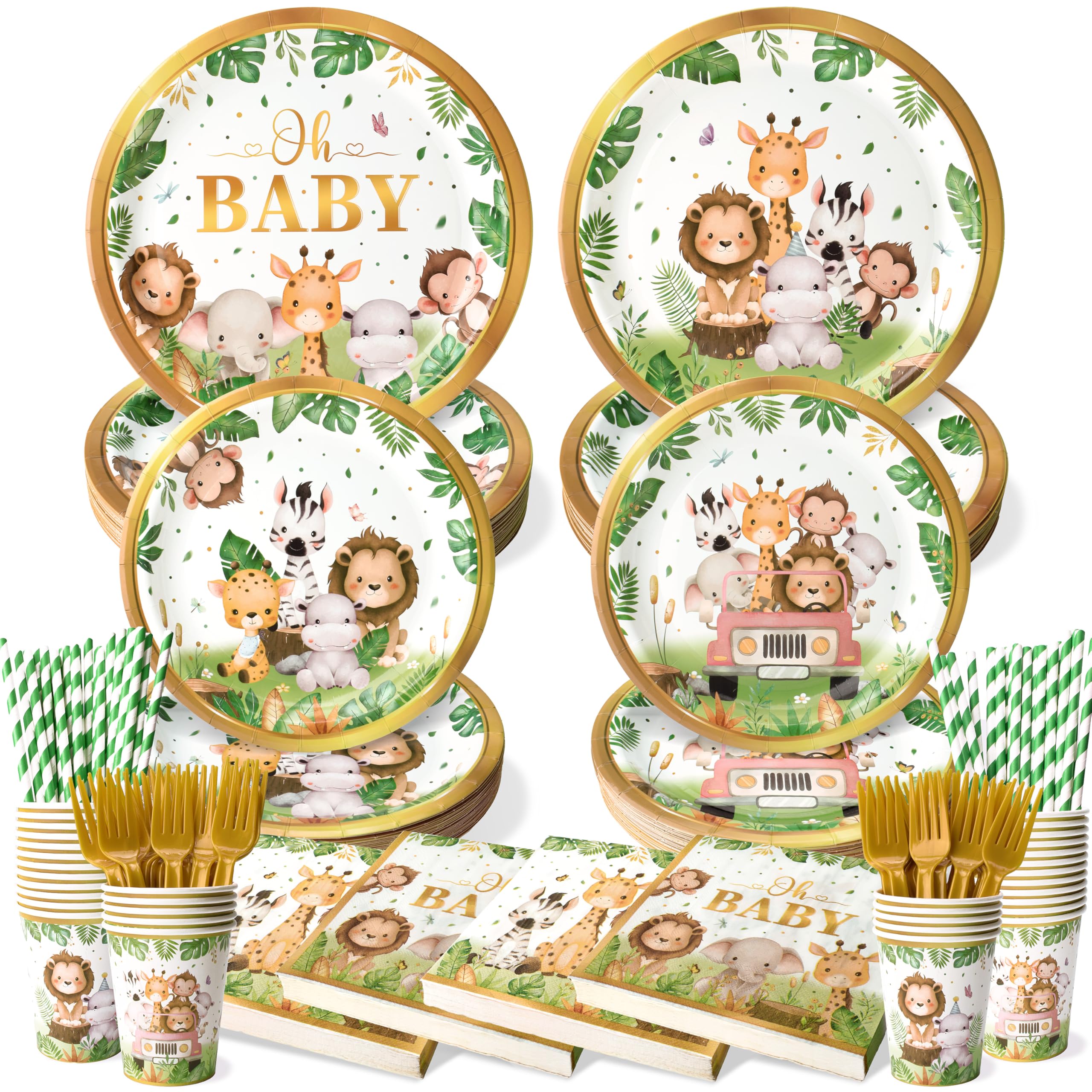 Kinovo 300 Pcs Safari Baby Shower Plates & Napkins Set (Serves 50)