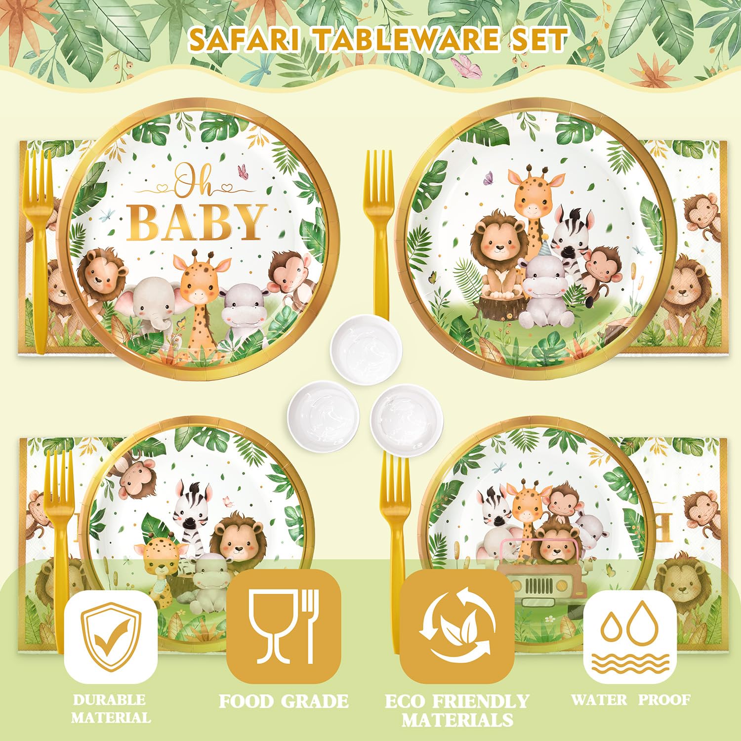 Kinovo 300 Pcs Safari Baby Shower Plates & Napkins Set (Serves 50)