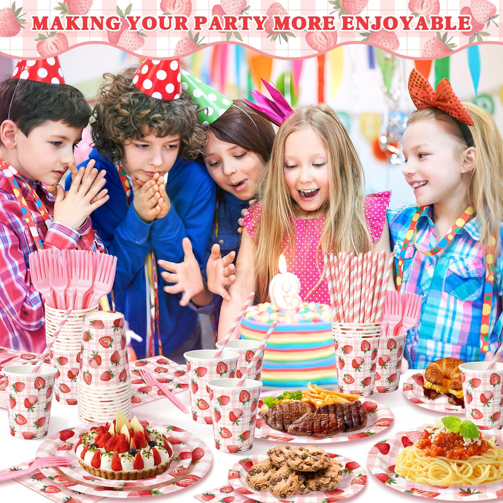 Kinovo Berry First Birthday Decor – 300 Pcs Strawberry Party Plates, Cups & Napkins (Serves 50)