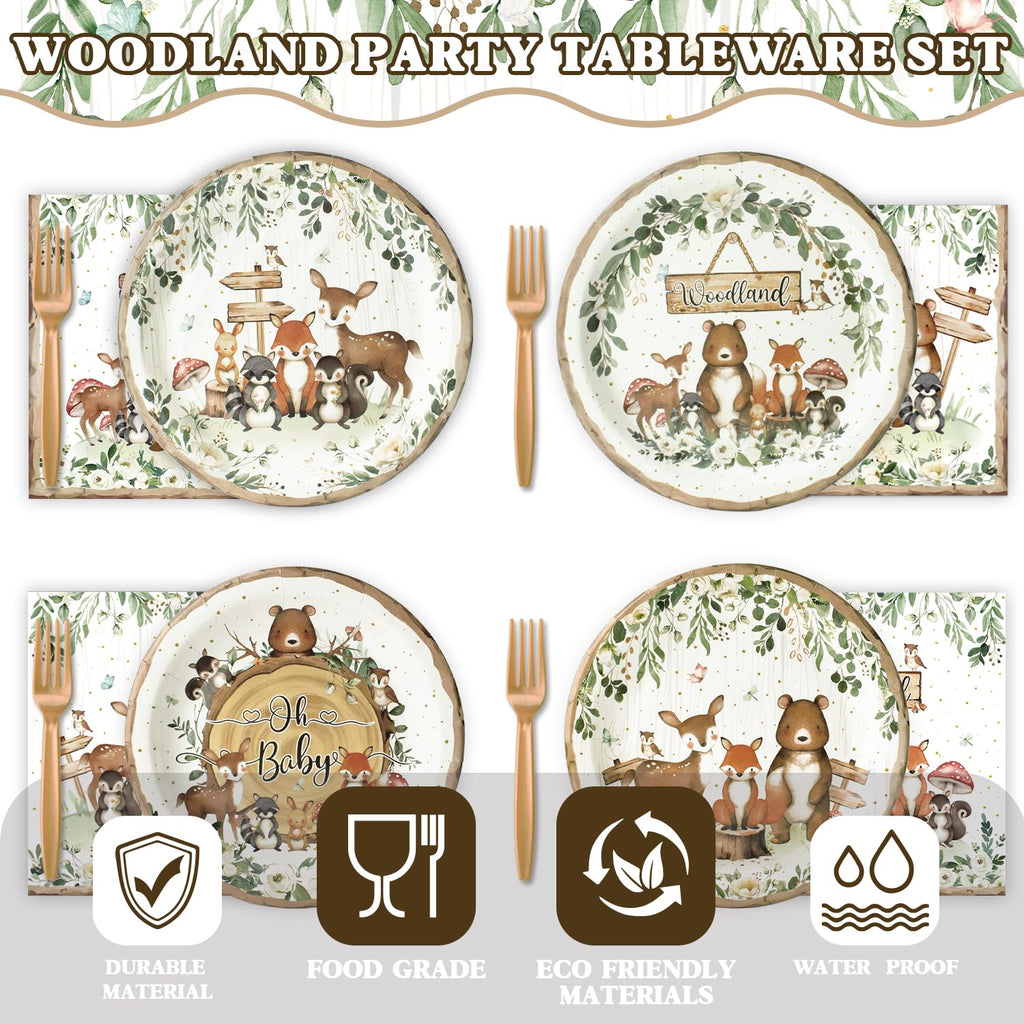 Kinovo 96 Pcs Woodland Baby Shower Party Supplies – Serves 24 Guests