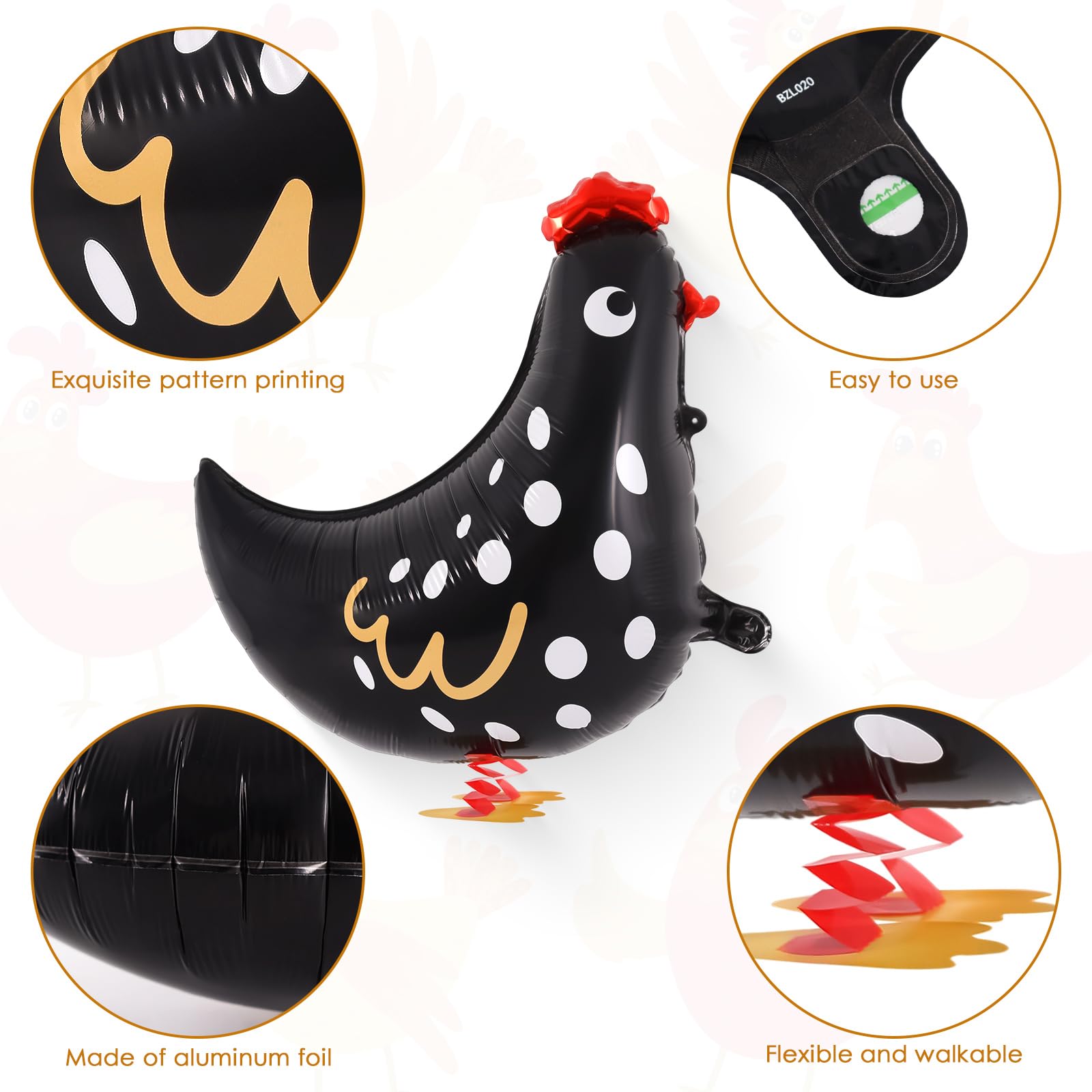 KINYFY 6-Piece Walking Chicken Balloons - 20 inch Aluminum Foil Party Decorations White & Black