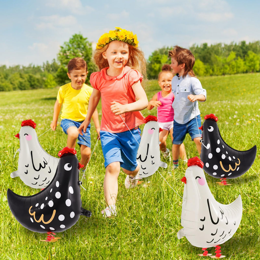 KINYFY 6-Piece Walking Chicken Balloons - 20 inch Aluminum Foil Party Decorations White & Black
