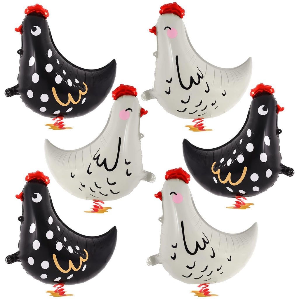 KINYFY 6-Piece Walking Chicken Balloons - 20 inch Aluminum Foil Party Decorations White & Black
