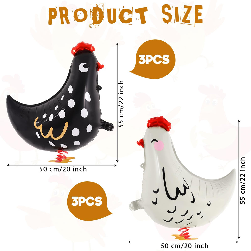 KINYFY 6-Piece Walking Chicken Balloons - 20 inch Aluminum Foil Party Decorations White & Black