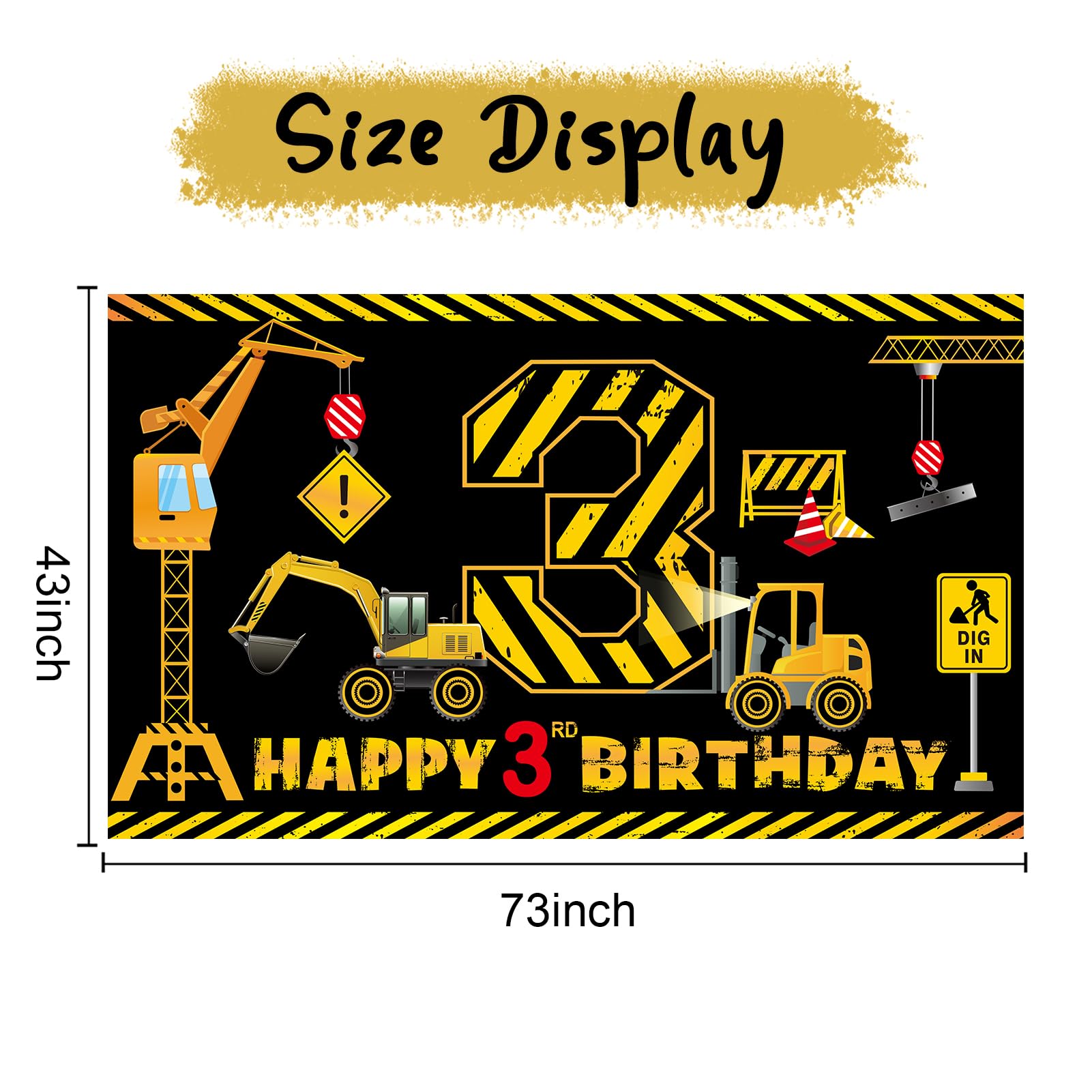 Kircirx 3rd Birthday Banner - Excavator Dump Truck Theme for Boys (72.8 x 43.3 in)