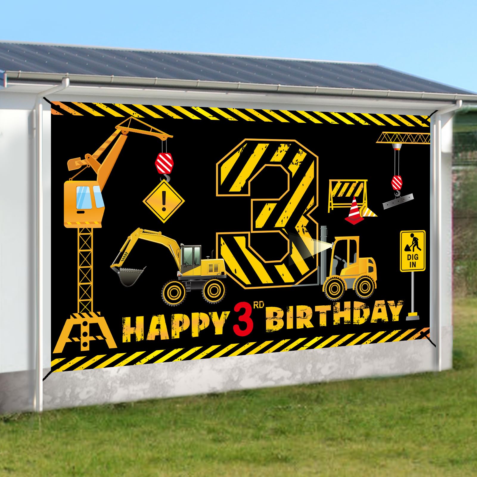Kircirx 3rd Birthday Banner - Excavator Dump Truck Theme for Boys (72.8 x 43.3 in)