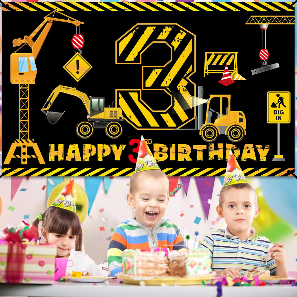 Kircirx 3rd Birthday Banner - Excavator Dump Truck Theme for Boys (72.8 x 43.3 in)