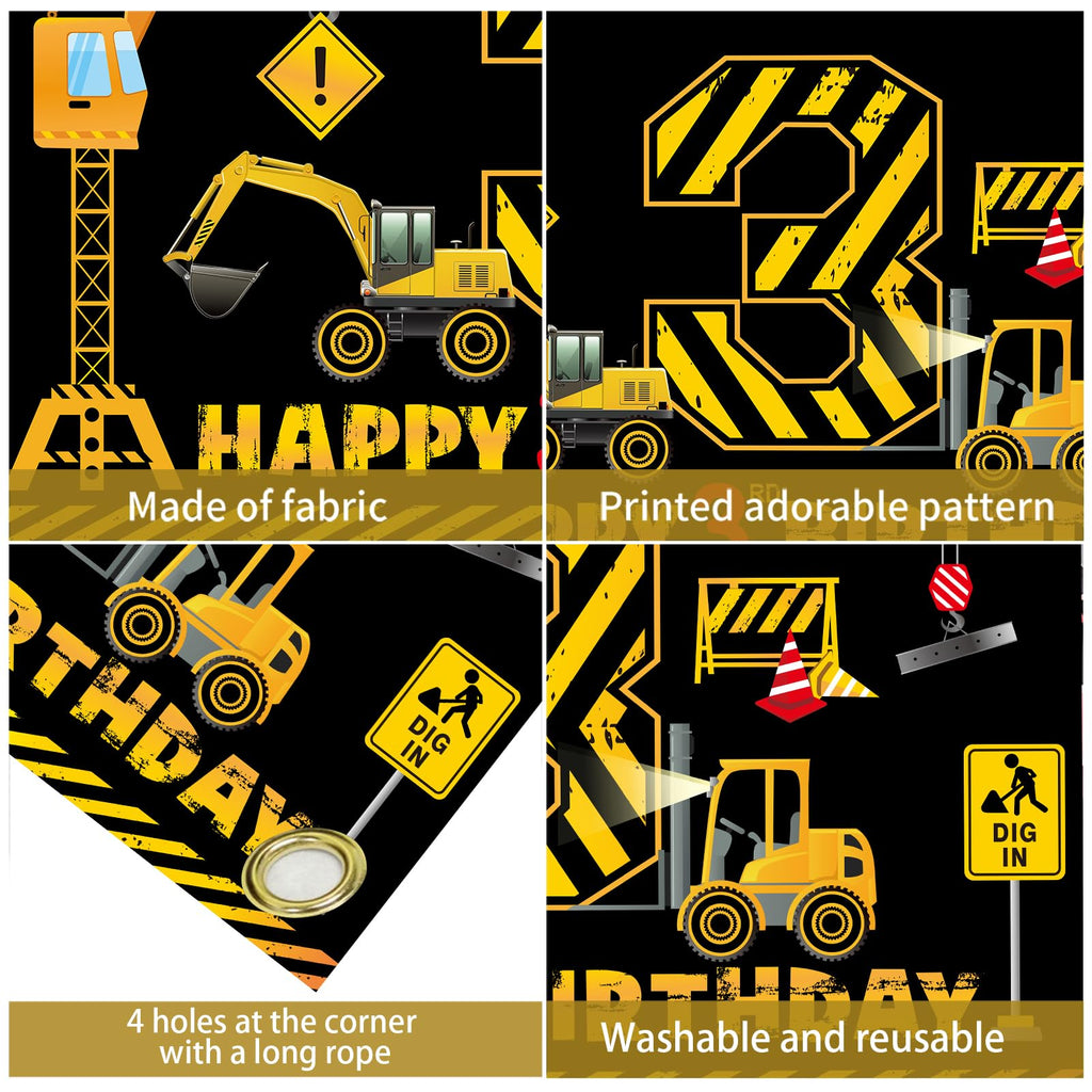 Kircirx 3rd Birthday Banner - Excavator Dump Truck Theme for Boys (72.8 x 43.3 in)