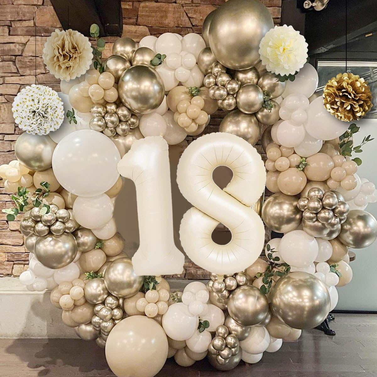 KISPATTI 18th Birthday Decorations for Girls — Gold & White Balloons, Banner, Tablecloth & Fringe Curtain