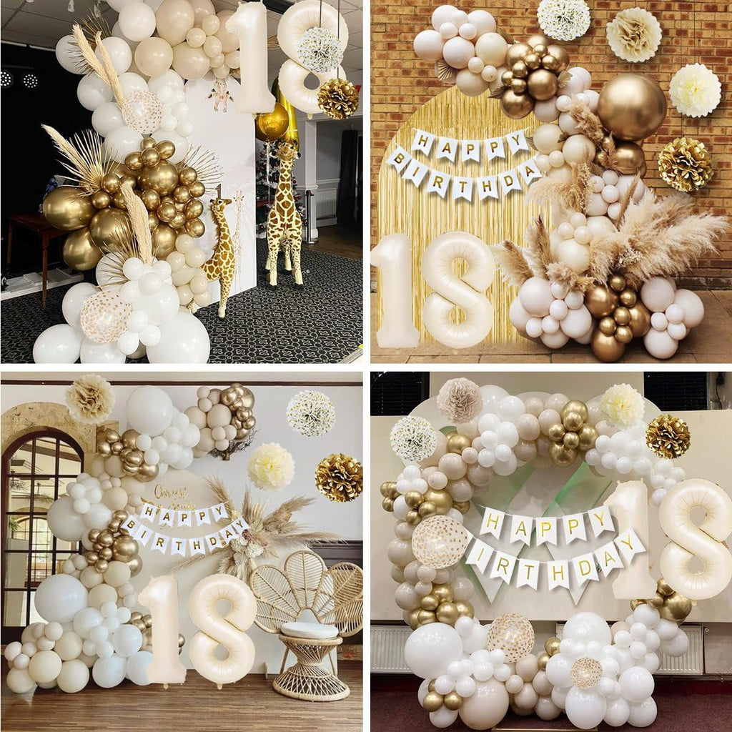 KISPATTI 18th Birthday Decorations for Girls — Gold & White Balloons, Banner, Tablecloth & Fringe Curtain