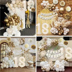 KISPATTI 18th Birthday Decorations for Girls — Gold & White Balloons, Banner, Tablecloth & Fringe Curtain