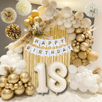 KISPATTI 18th Birthday Decorations for Girls — Gold & White Balloons, Banner, Tablecloth & Fringe Curtain