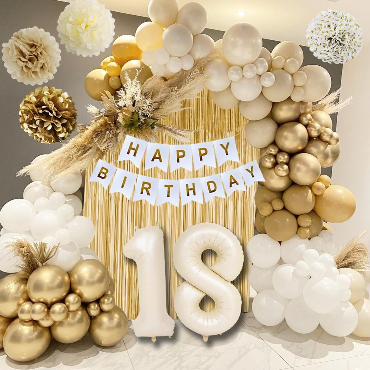 KISPATTI 18th Birthday Decorations for Girls — Gold & White Balloons, Banner, Tablecloth & Fringe Curtain