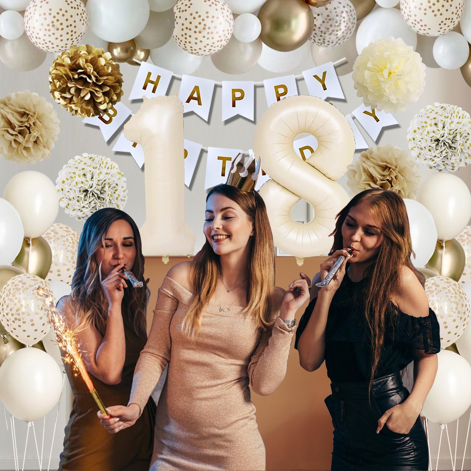 KISPATTI 18th Birthday Decorations for Girls — Gold & White Balloons, Banner, Tablecloth & Fringe Curtain