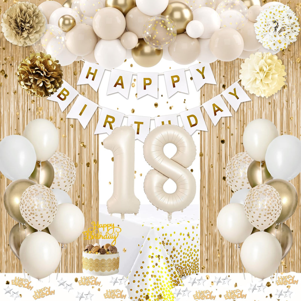 KISPATTI 18th Birthday Decorations for Girls — Gold & White Balloons, Banner, Tablecloth & Fringe Curtain