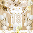 KISPATTI 18th Birthday Decorations for Girls — Gold & White Balloons, Banner, Tablecloth & Fringe Curtain