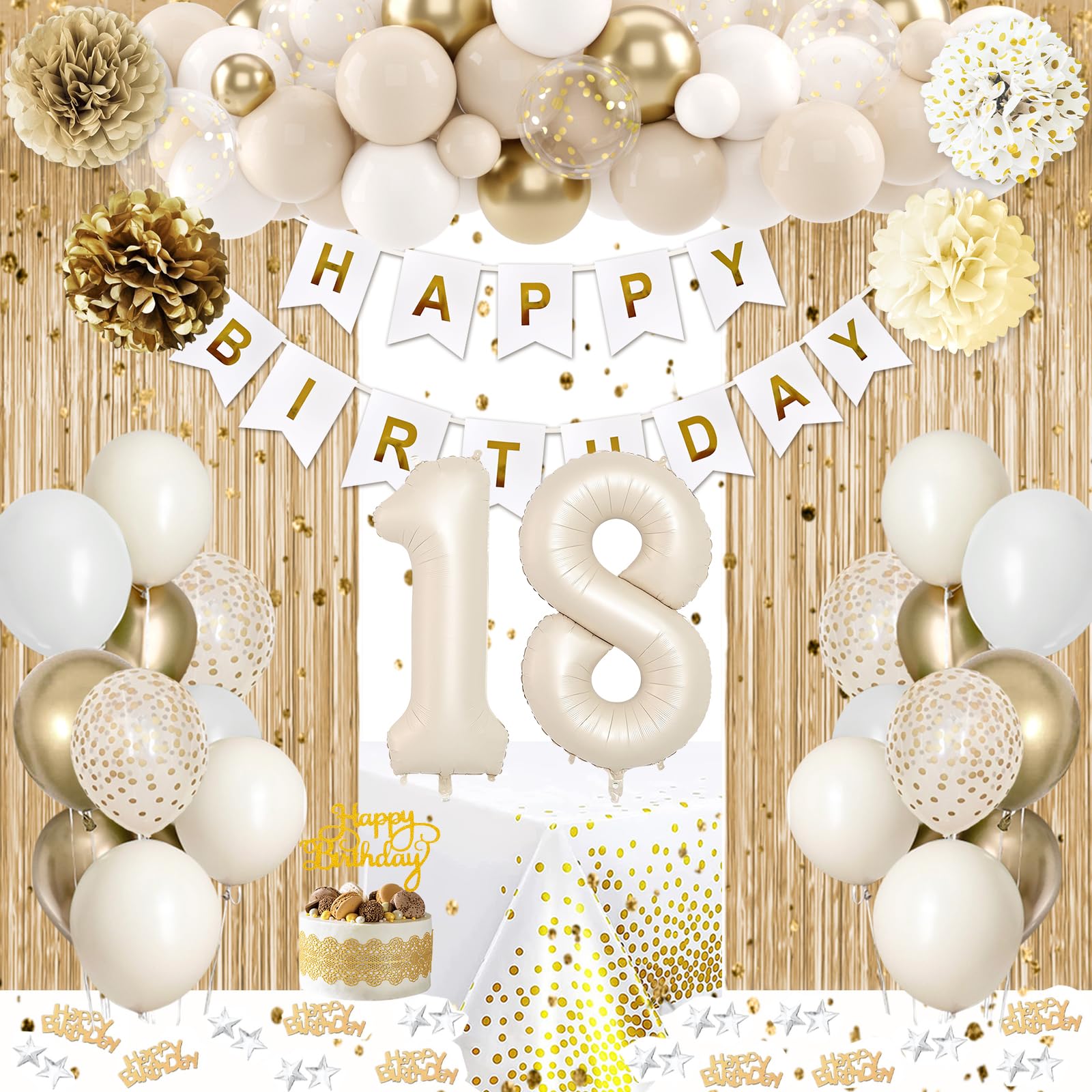 KISPATTI 18th Birthday Decorations for Girls — Gold & White Balloons, Banner, Tablecloth & Fringe Curtain