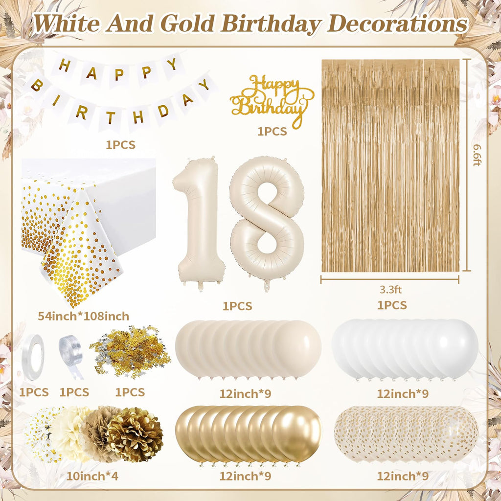 KISPATTI 18th Birthday Decorations for Girls — Gold & White Balloons, Banner, Tablecloth & Fringe Curtain