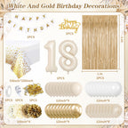 KISPATTI 18th Birthday Decorations for Girls — Gold & White Balloons, Banner, Tablecloth & Fringe Curtain