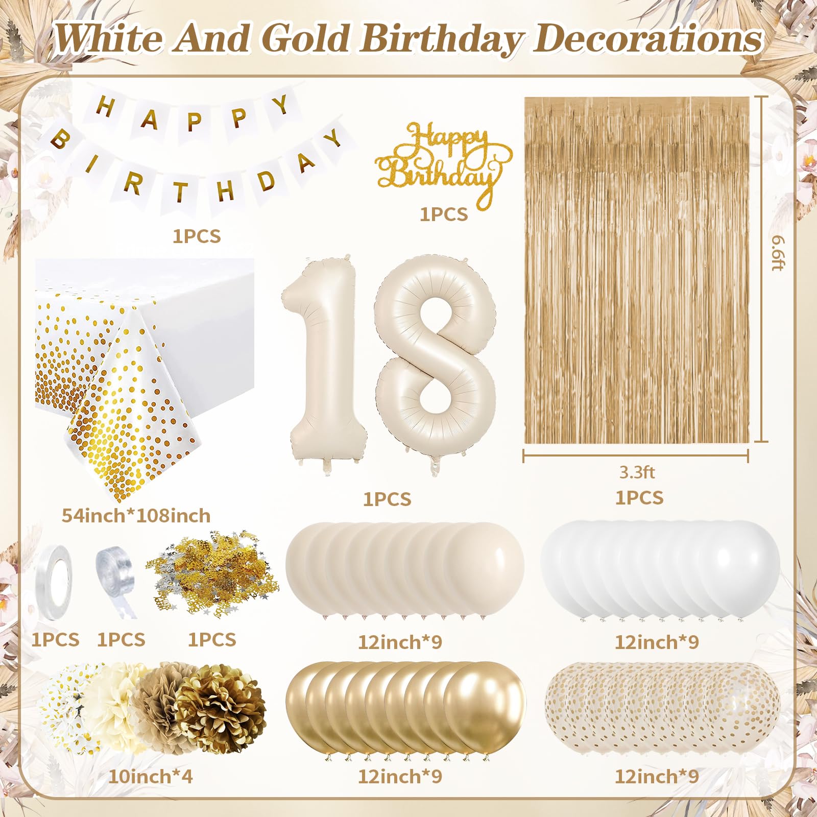 KISPATTI 18th Birthday Decorations for Girls — Gold & White Balloons, Banner, Tablecloth & Fringe Curtain