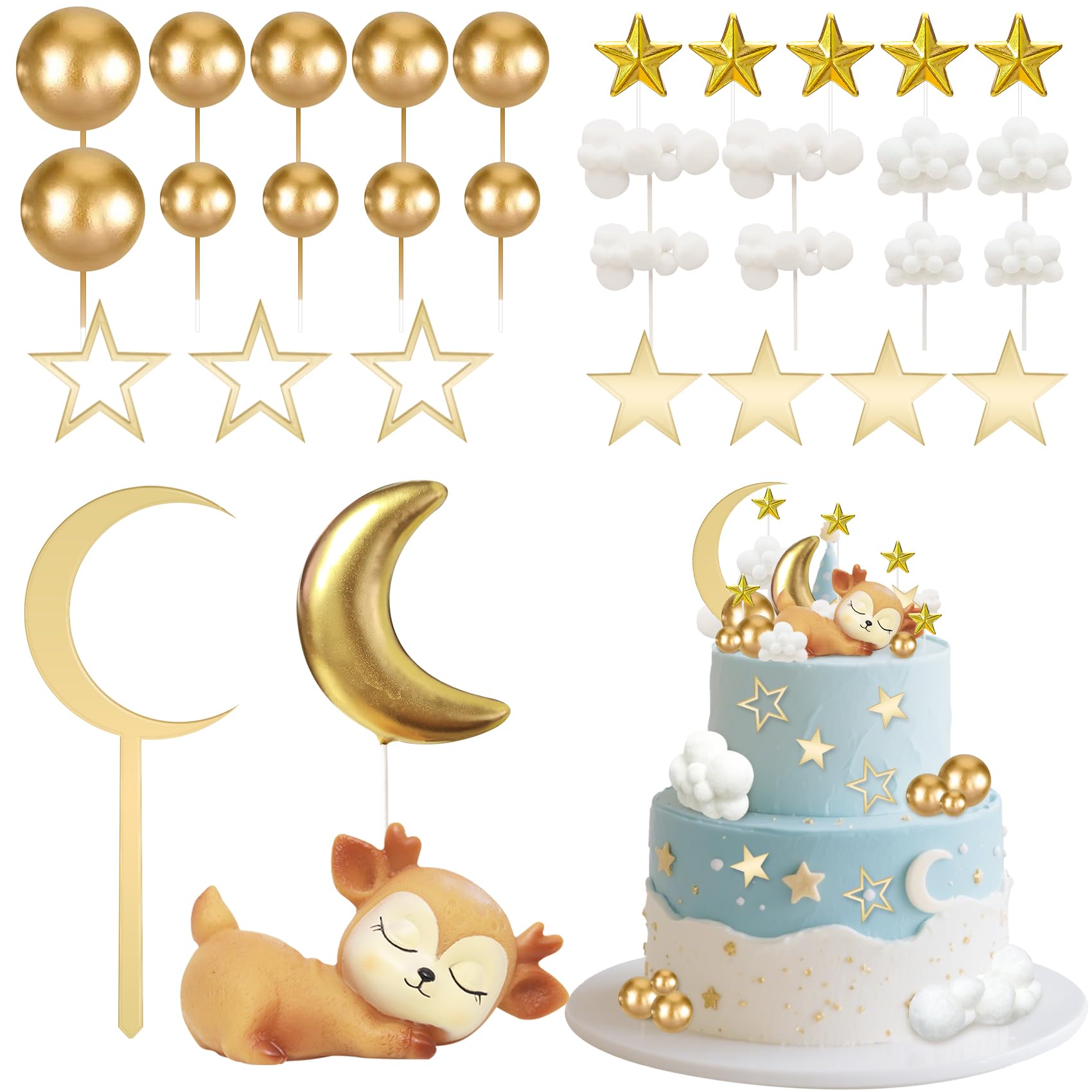 Knana 33Pcs Moon Star Cake Toppers | Deer Cake Topper for Baby Shower & Birthday Party