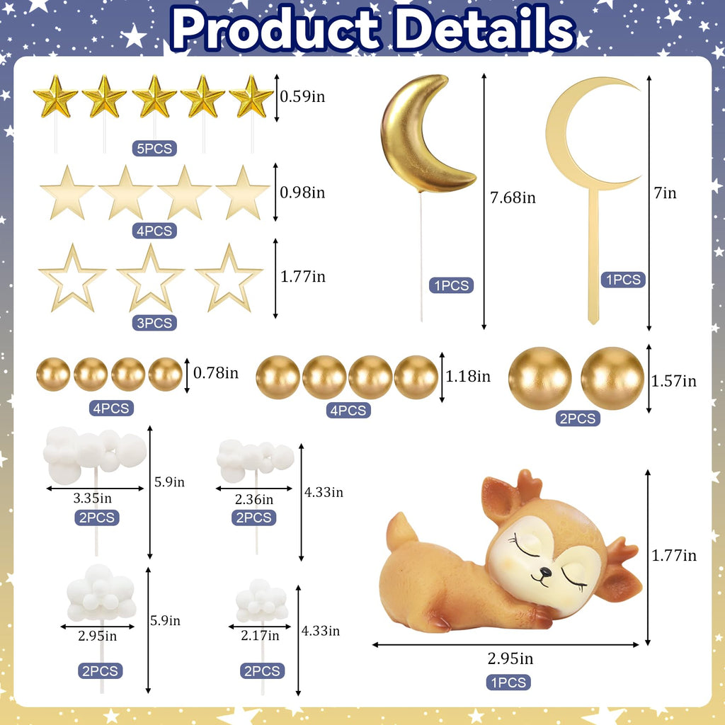 Knana 33Pcs Moon Star Cake Toppers | Deer Cake Topper for Baby Shower & Birthday Party