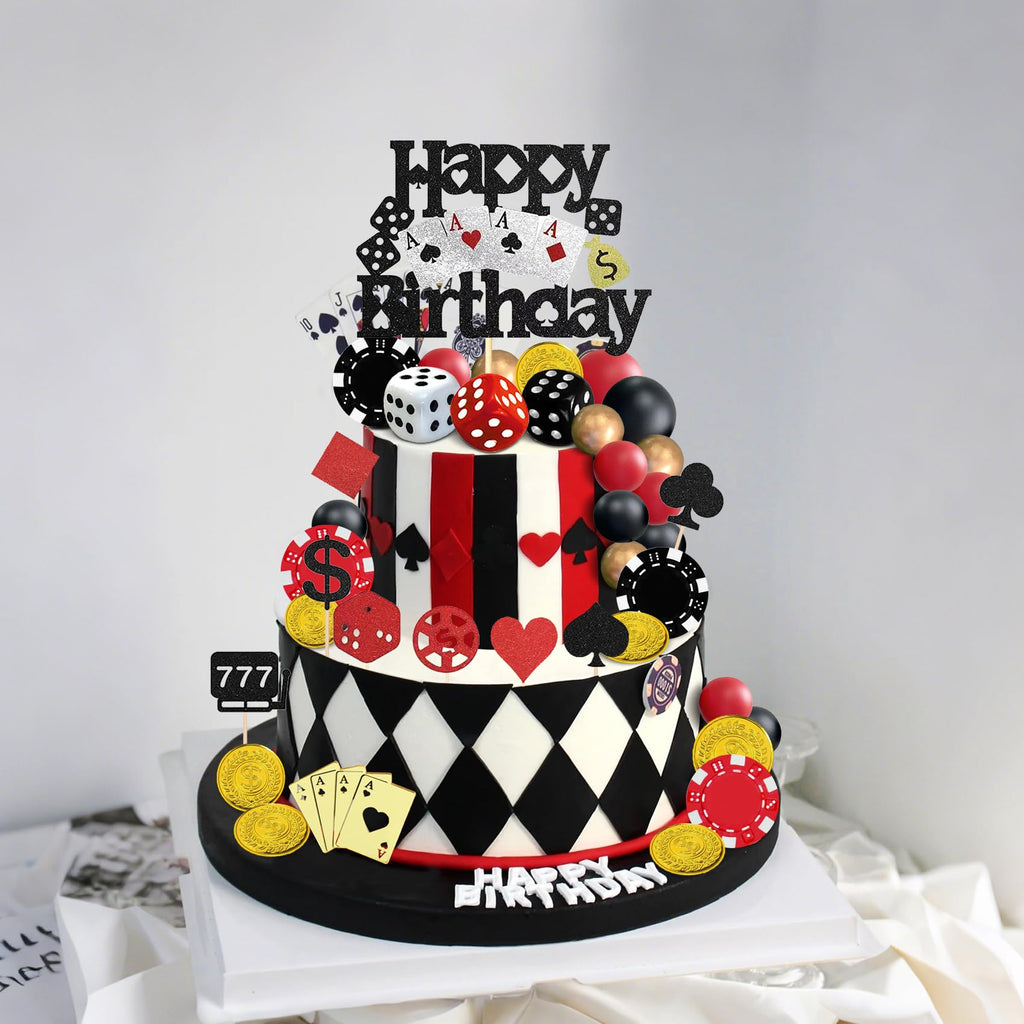 Knana 35Pcs Casino Cake Toppers - Dice, Chips & Gold Coins for Casino Theme Party Decorations