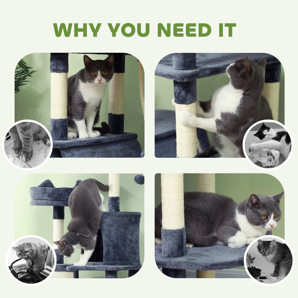 PawHut 206cm Cat Tree, Multi-Level Cat Tower with Scratching Posts and Board, Beds, Condos, Platforms, Toy Balls, Dark Grey