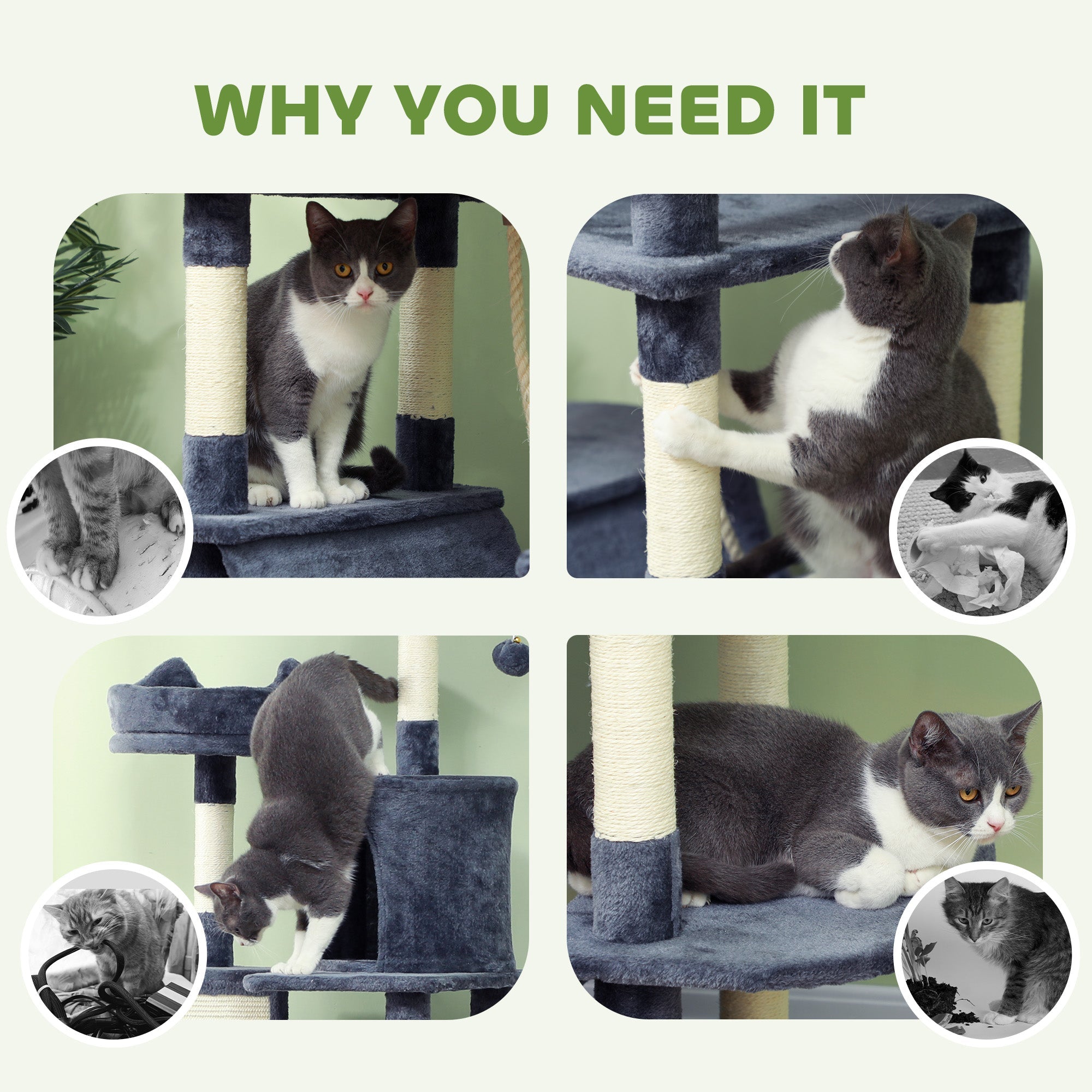 PawHut 206cm Cat Tree, Multi-Level Cat Tower with Scratching Posts and Board, Beds, Condos, Platforms, Toy Balls, Dark Grey