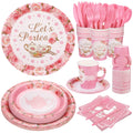 Kochorie 194-Piece Tea Party Tableware Set – Disposable Plates Cups Napkins & Pink Cutlery for 24 Guests