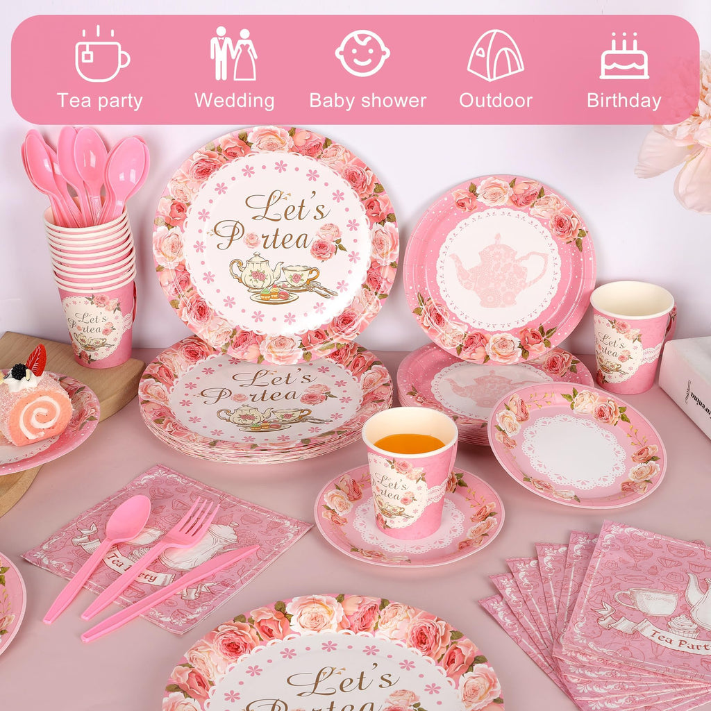 Kochorie 194-Piece Tea Party Tableware Set – Disposable Plates Cups Napkins & Pink Cutlery for 24 Guests