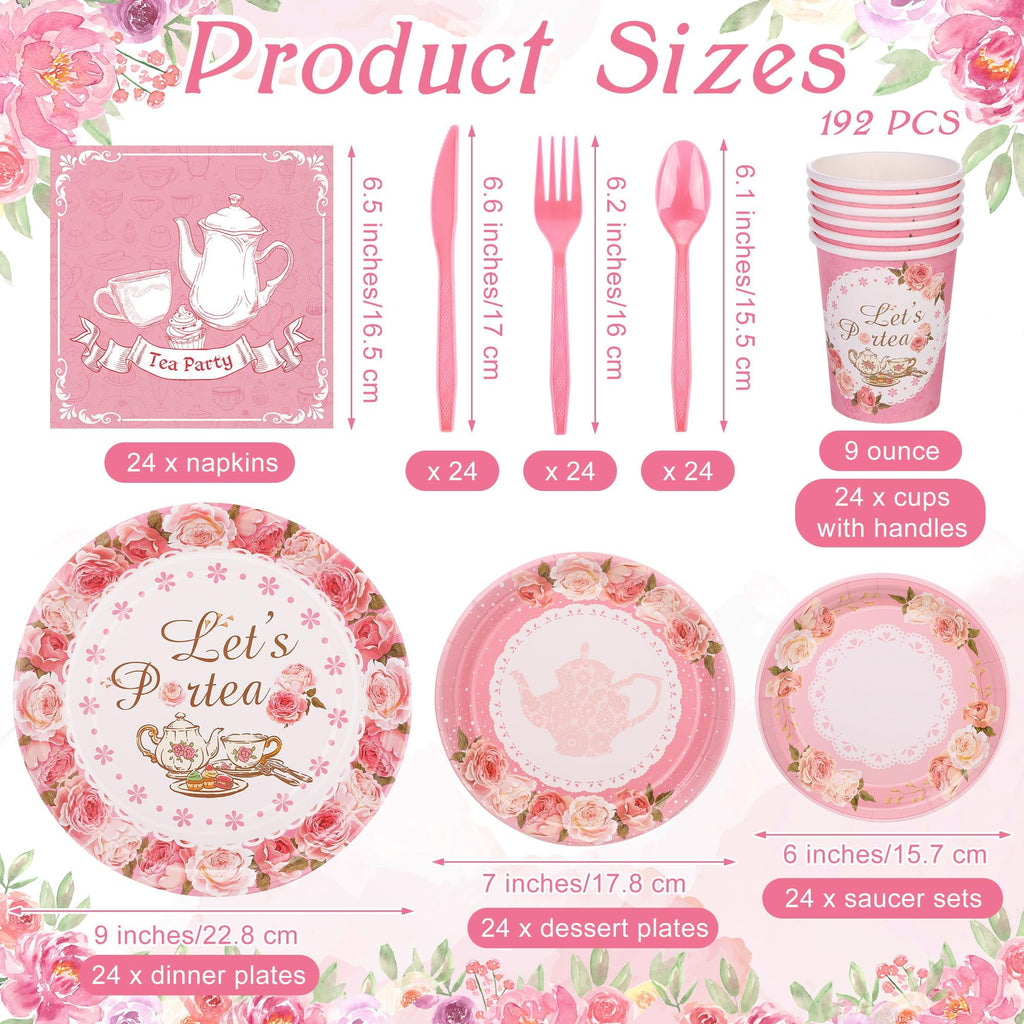 Kochorie 194-Piece Tea Party Tableware Set – Disposable Plates Cups Napkins & Pink Cutlery for 24 Guests