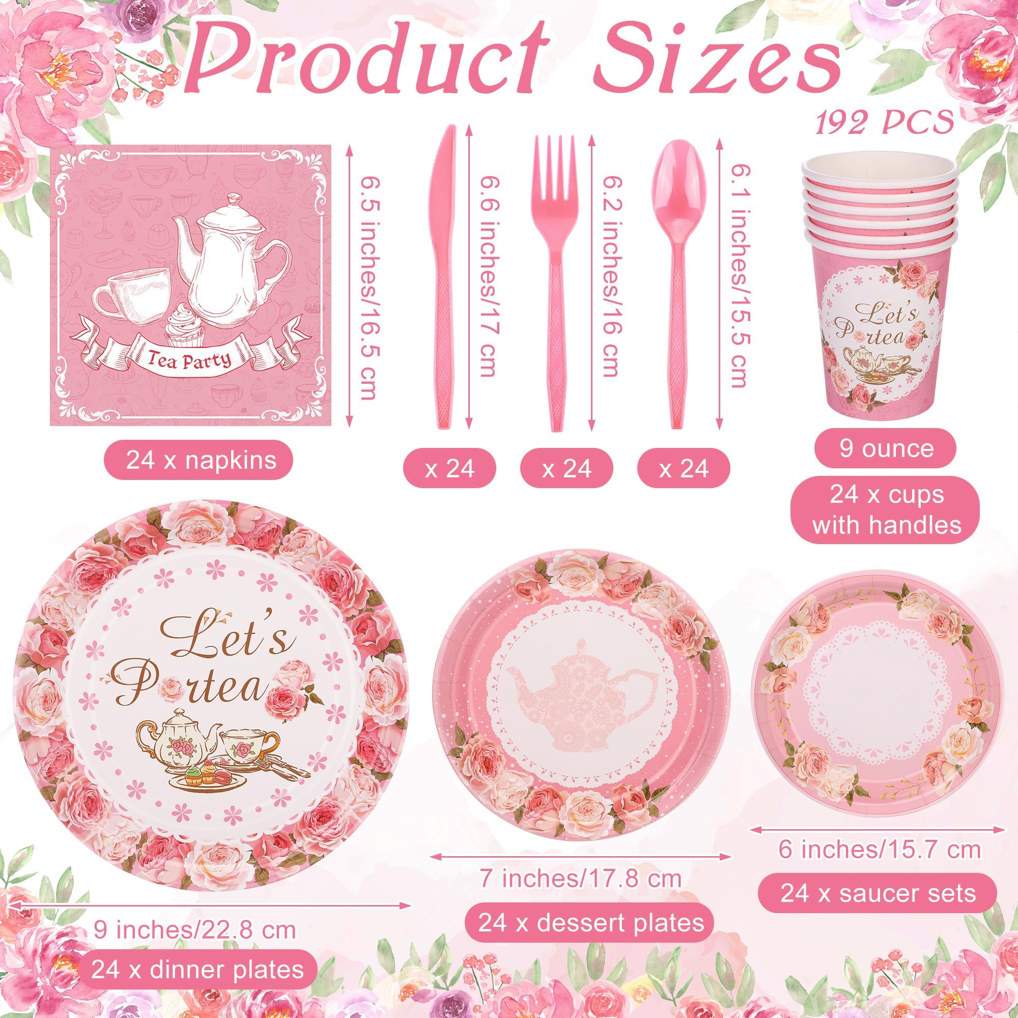 Kochorie 194-Piece Tea Party Tableware Set – Disposable Plates Cups Napkins & Pink Cutlery for 24 Guests