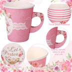 Kochorie 194-Piece Tea Party Tableware Set – Disposable Plates Cups Napkins & Pink Cutlery for 24 Guests