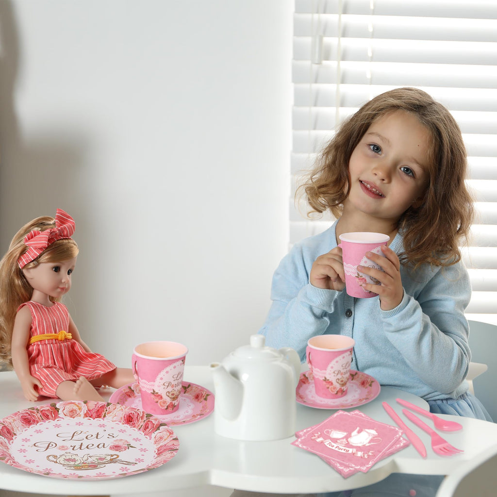 Kochorie 194-Piece Tea Party Tableware Set – Disposable Plates Cups Napkins & Pink Cutlery for 24 Guests