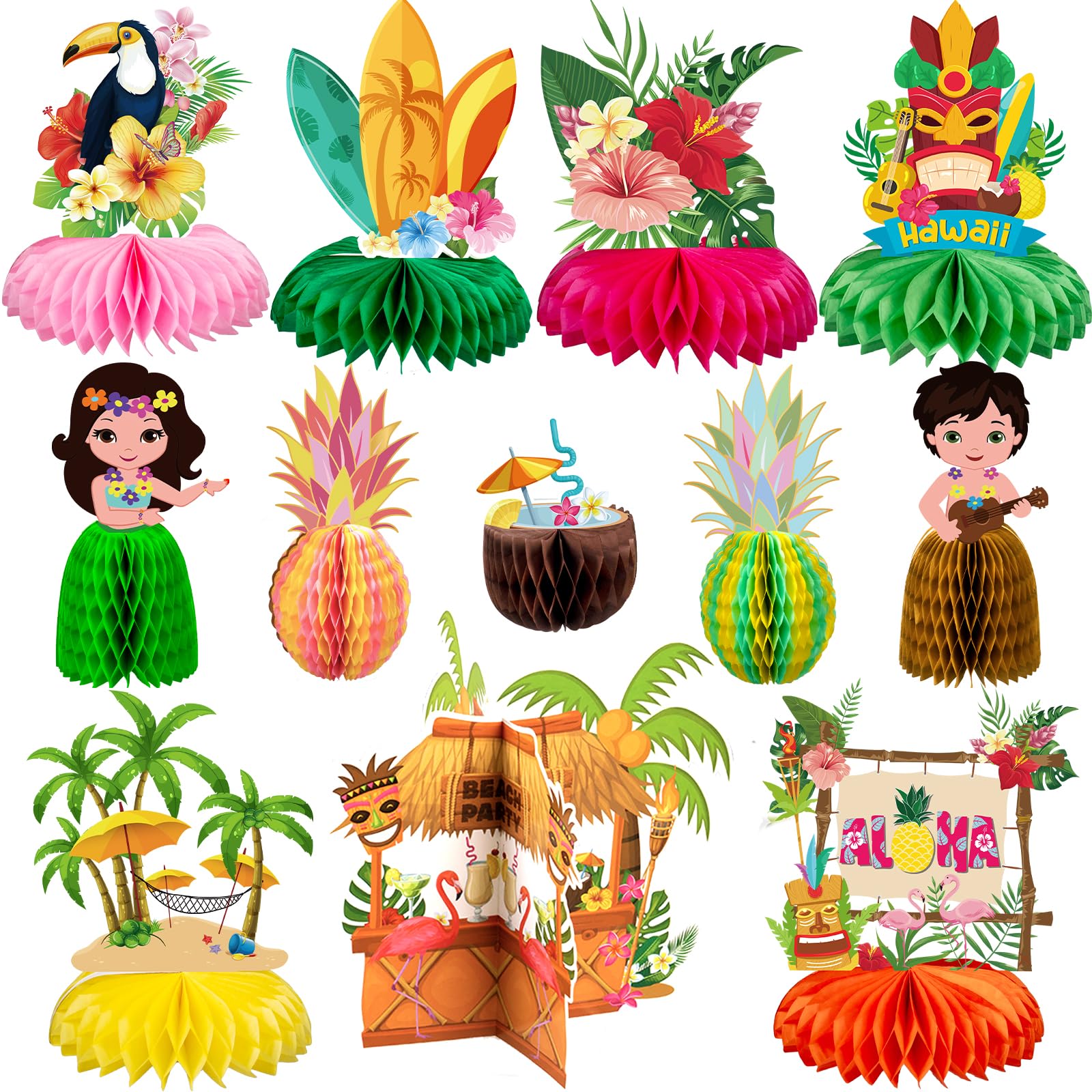 Kockuu 12-Piece Hawaiian Luau Table Decorations – Double-Sided Honeycomb Centerpieces for Tiki Parties