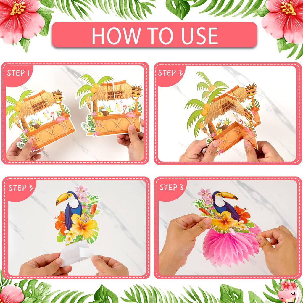 Kockuu 12-Piece Hawaiian Luau Table Decorations – Double-Sided Honeycomb Centerpieces for Tiki Parties