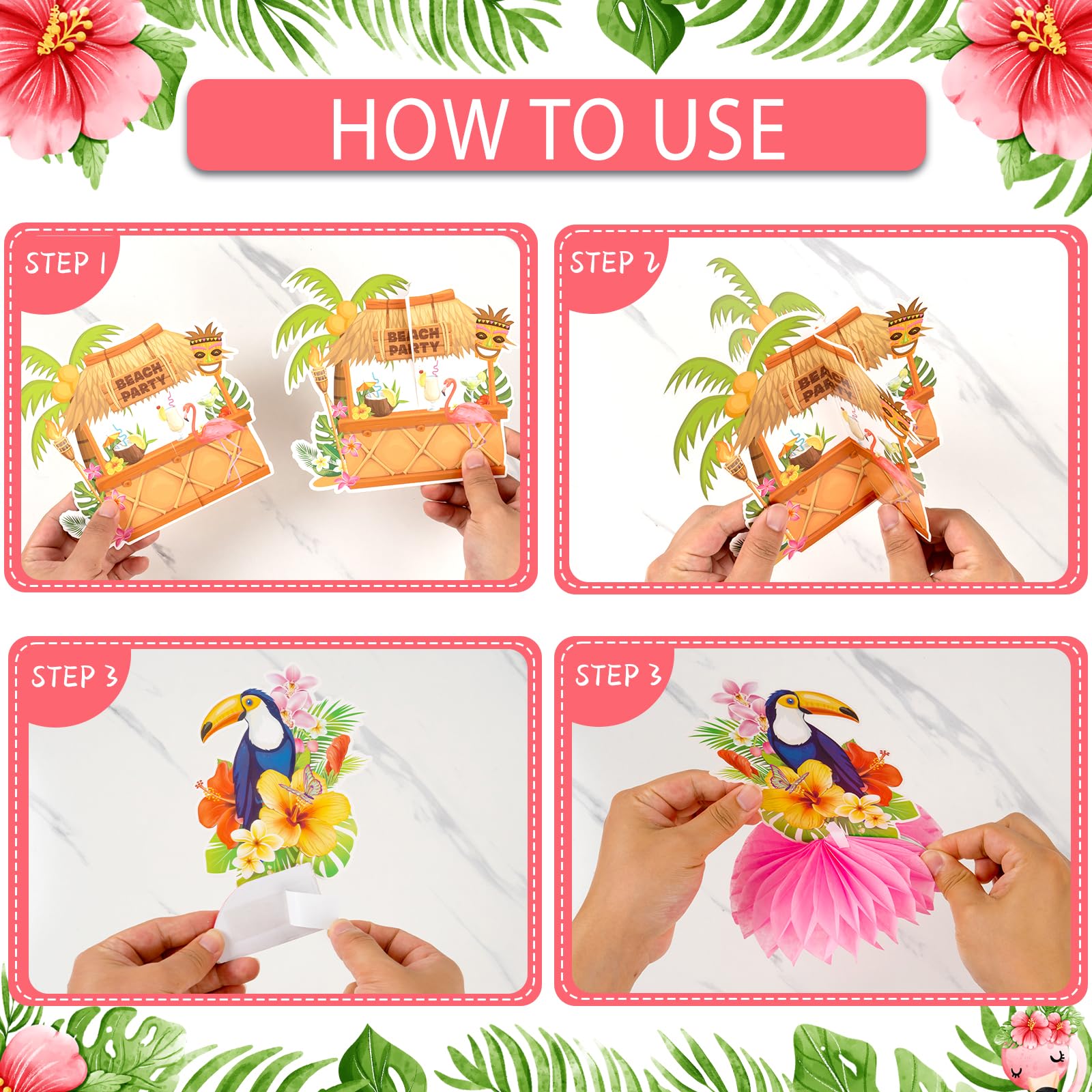 Kockuu 12-Piece Hawaiian Luau Table Decorations – Double-Sided Honeycomb Centerpieces for Tiki Parties