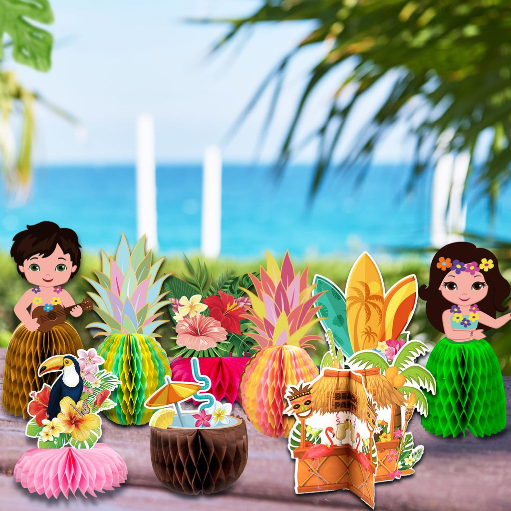 Kockuu 12-Piece Hawaiian Luau Table Decorations – Double-Sided Honeycomb Centerpieces for Tiki Parties