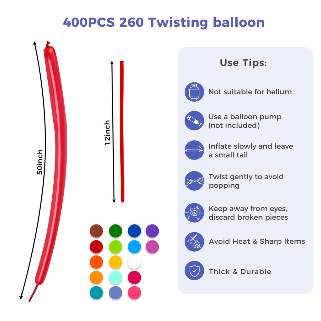Koogel 400PCS 260 Balloons – Assorted Long Twist Balloons for Animal Creations