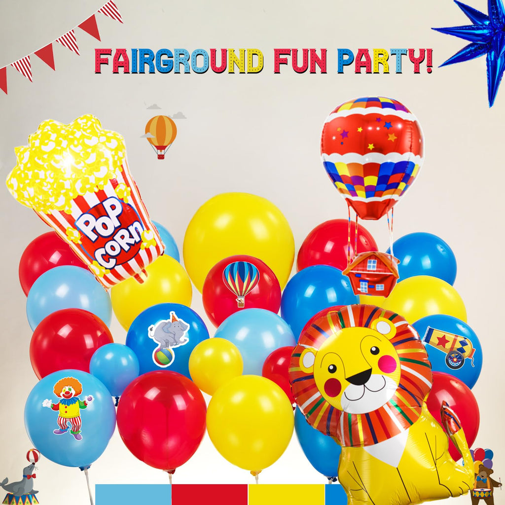 Kozee Carnival Circus Theme Party Decorations – Red, Blue & Yellow Balloons, Foil Hot Air Balloons, Striped Banner & Backdrop